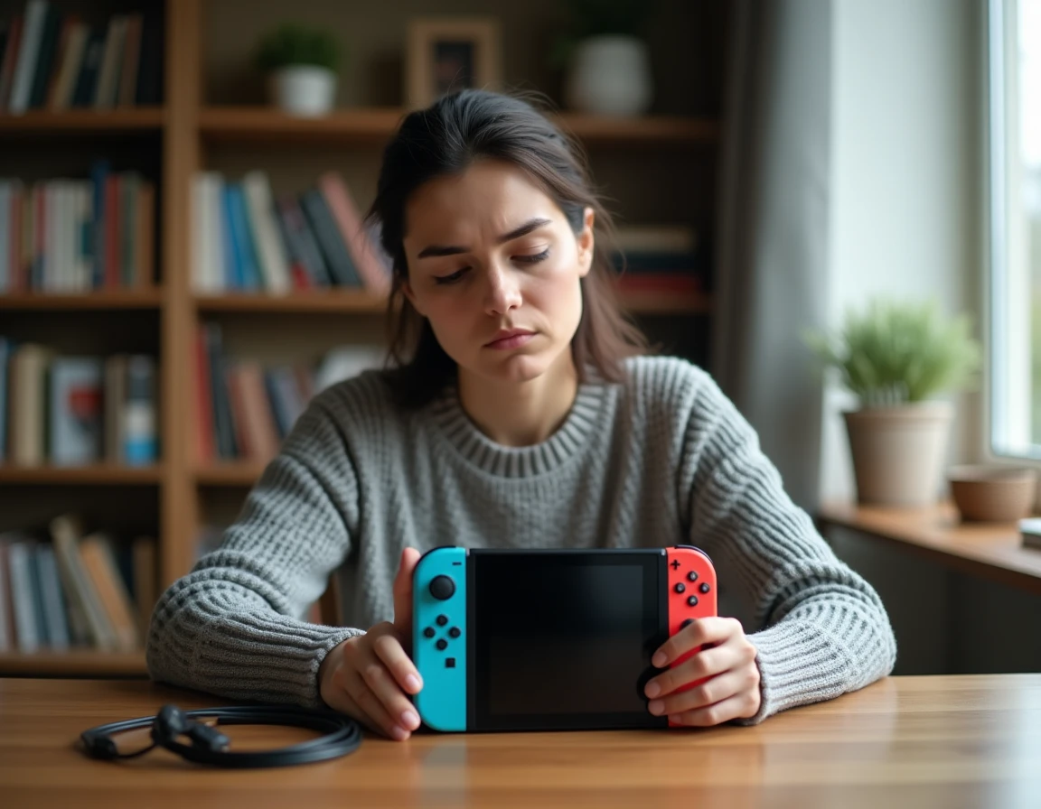 Femme tenant une Nintendo Switch éteinte et appuyant sur le bouton power sans résultat, console posée sur un bureau en bois à la maison