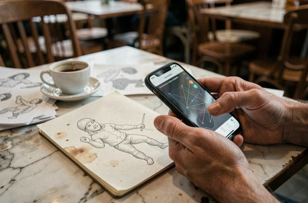 Mains numérisant un croquis avec un smartphone pour le convertir en tracé SVG via une application de vectorisation mobile