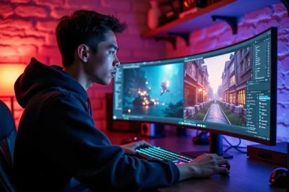Jeune homme optimisant une capture d'écran de jeu vidéo sur un écran ultrawide dans un setup gaming réaliste