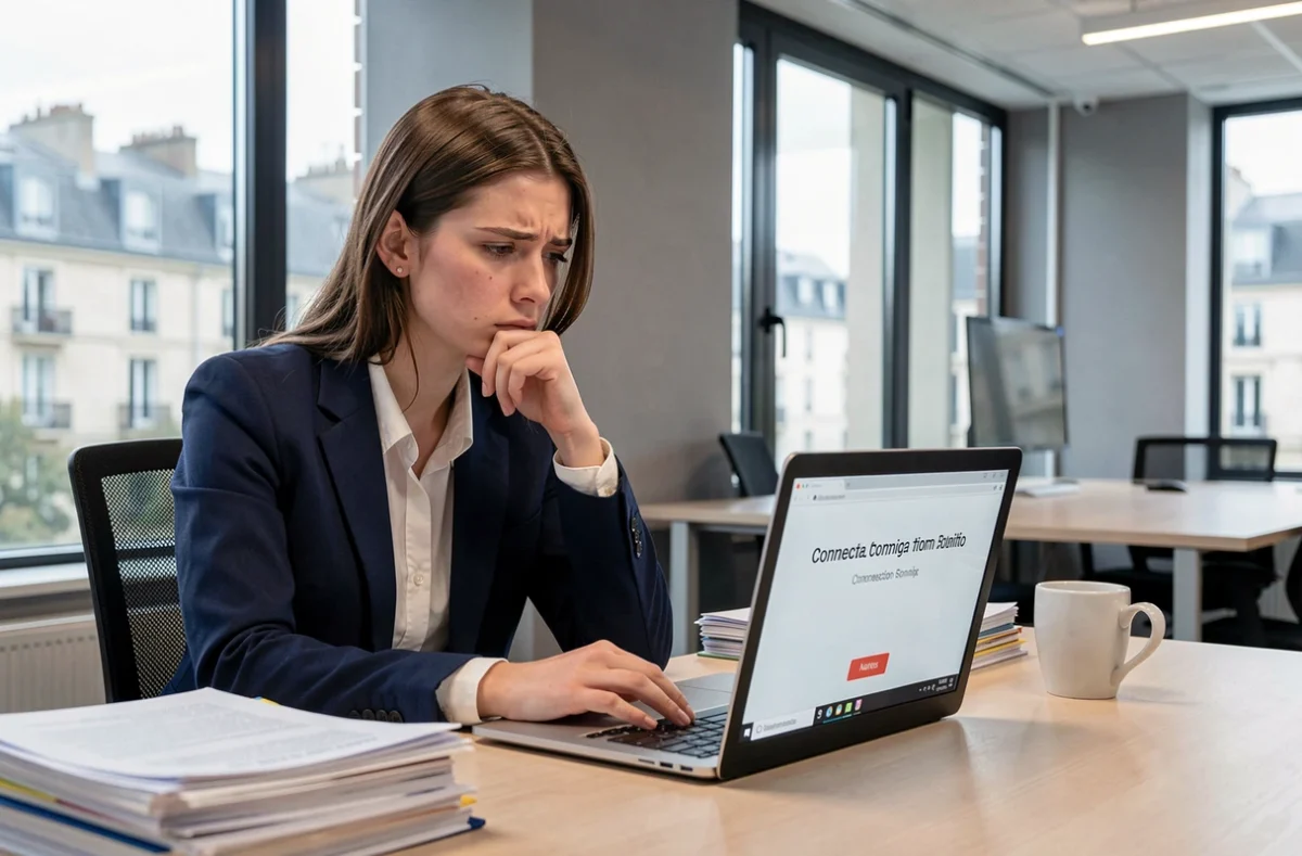 Femme professionnelle frustrée devant un message d'erreur de connexion sur son ordinateur portable dans un bureau moderne à Nantes