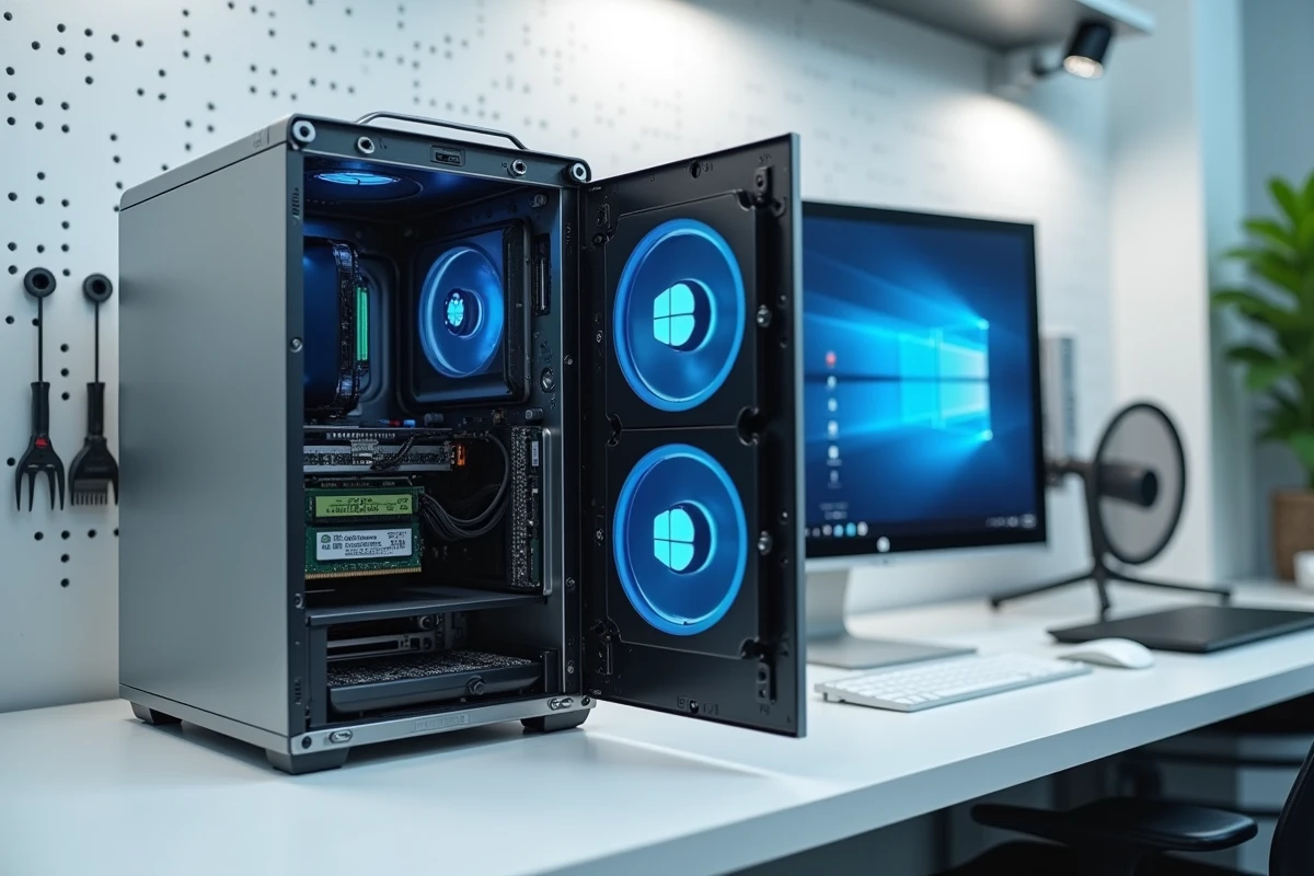 PC de bureau ouvert avec gestionnaire de partitions affichant un dual boot Windows 7 et Windows 10