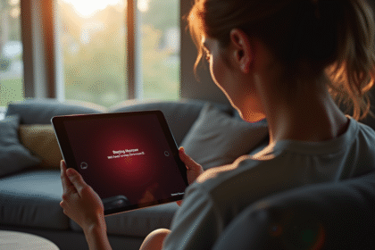 Personne tenant une tablette dans un salon moderne avec erreur Disney 83