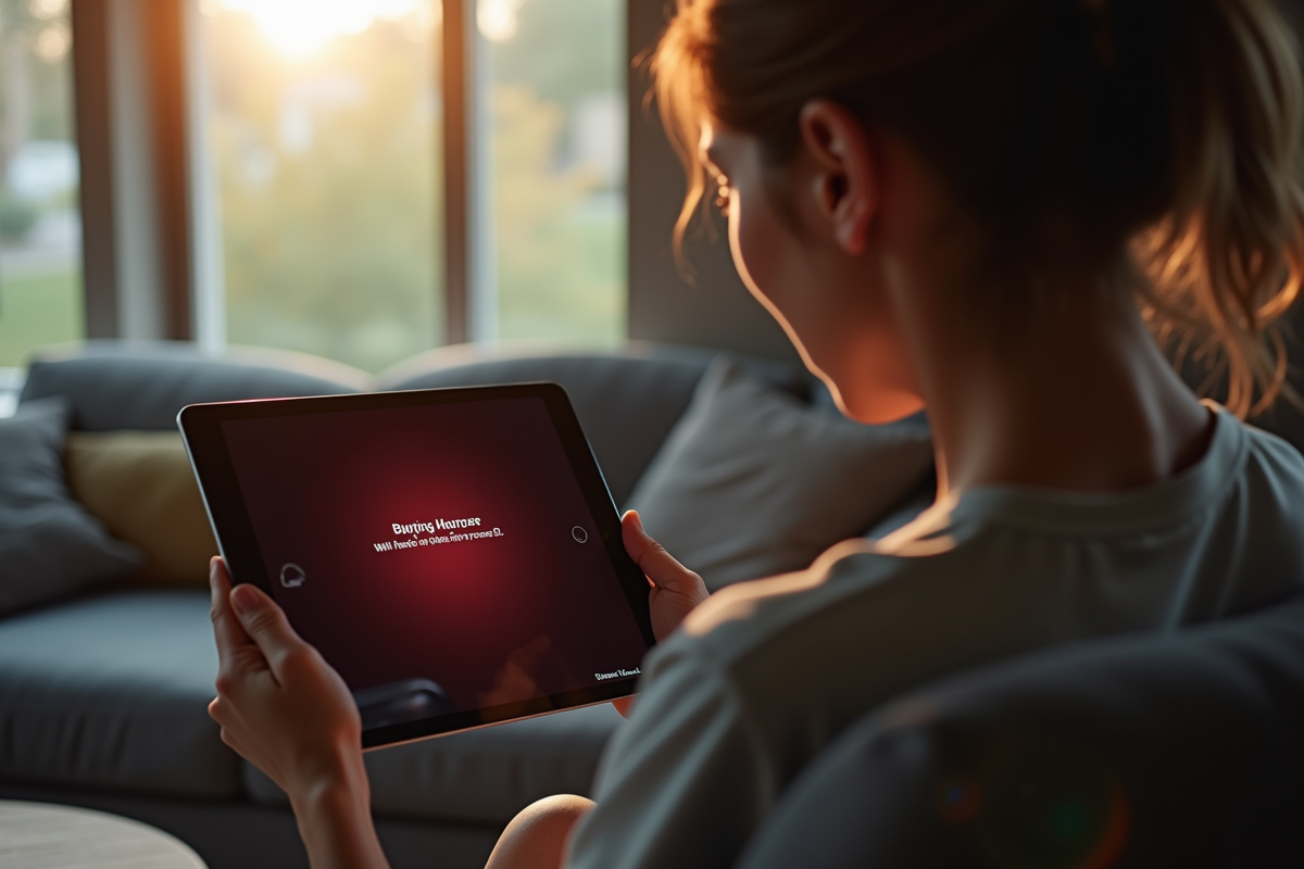 Personne tenant une tablette dans un salon moderne avec erreur Disney 83