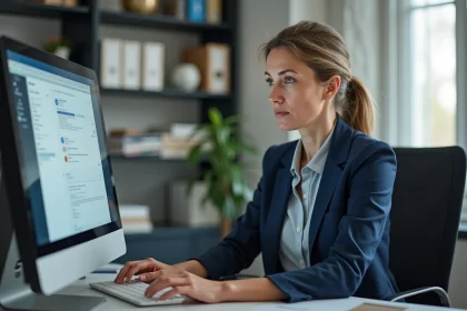 Personnelle de l'académie de Nancy accédant à son webmail professionnel sur un ordinateur de bureau dans un bureau administratif
