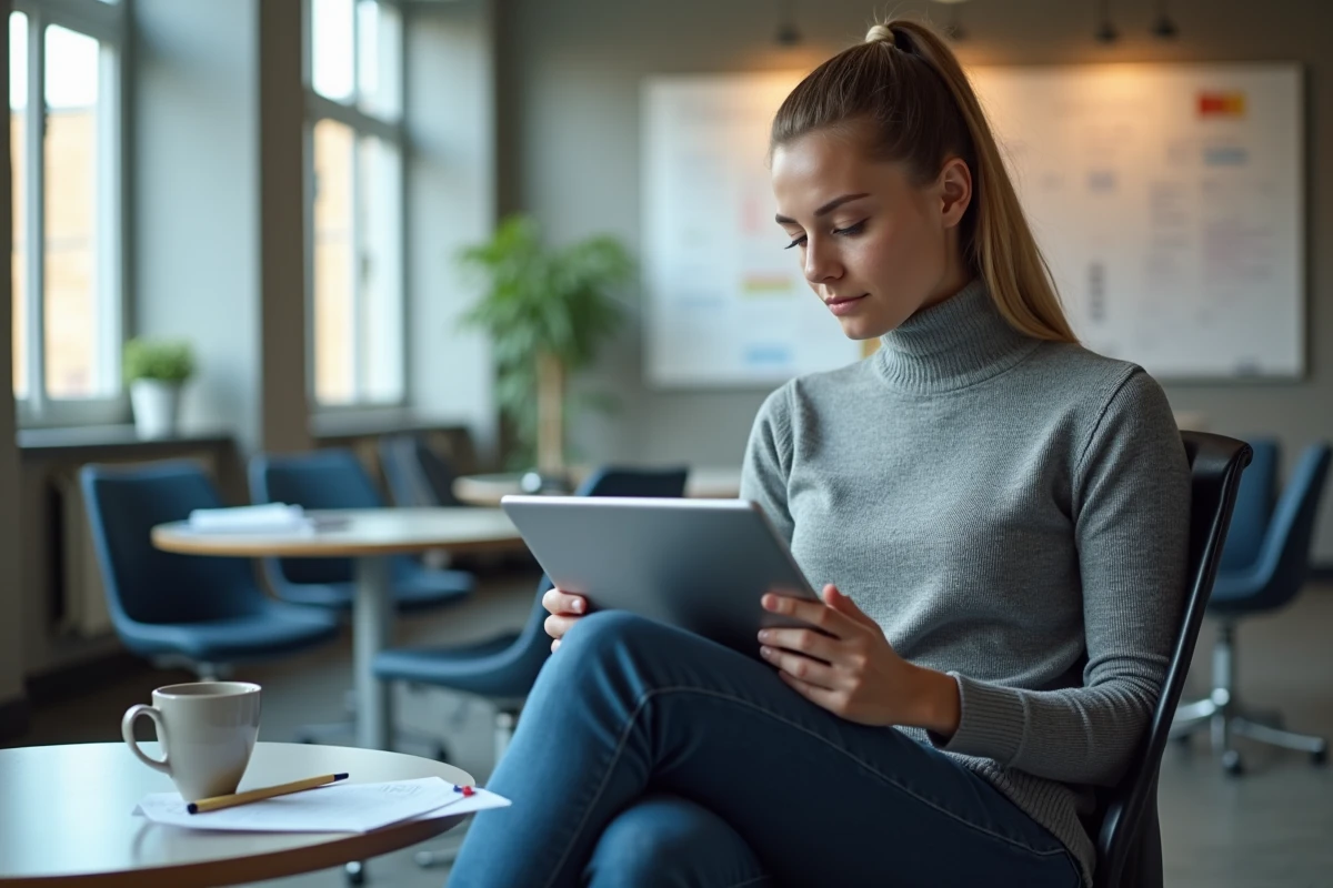 Membre du personnel de l'académie de Nancy utilisant Webmel sur une tablette dans une salle des professeurs moderne