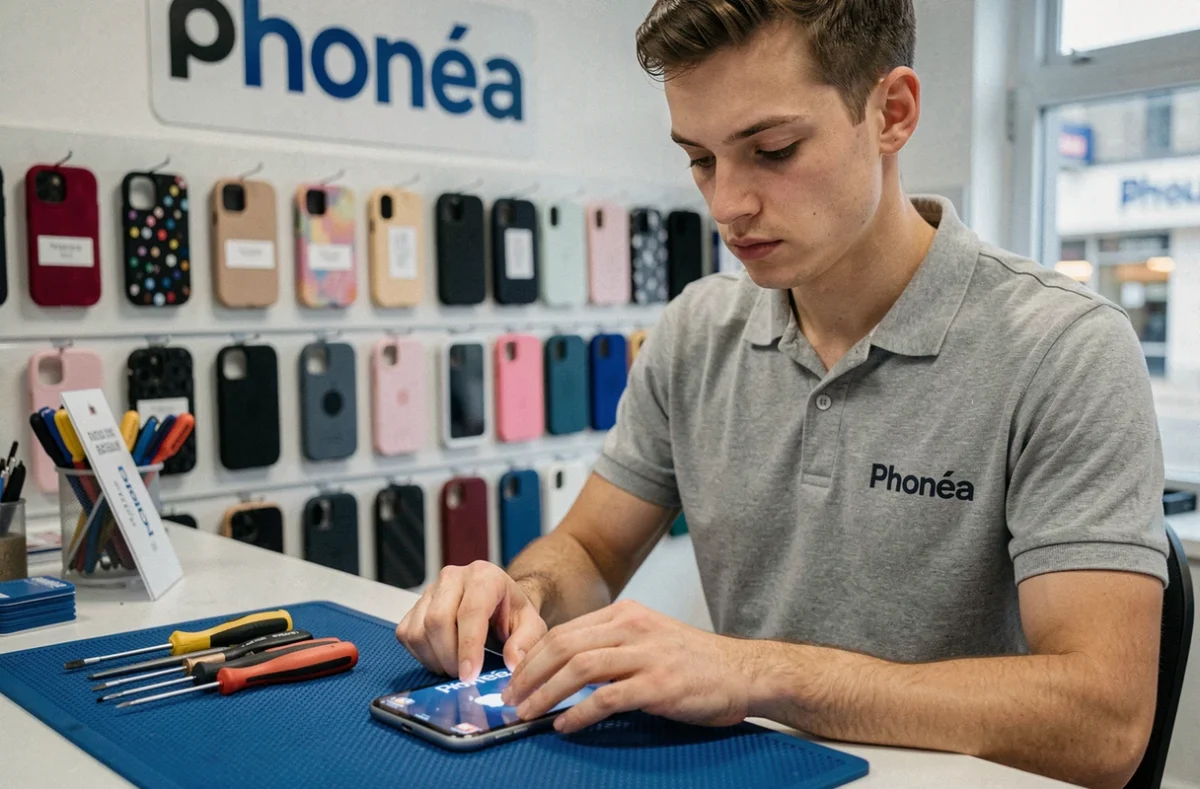 Technicien Phonéa Cherbourg remplaçant l'écran d'un smartphone reconditionné sur le comptoir de réparation