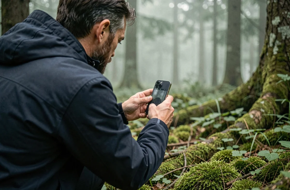 Photographe utilisant un iPhone 16 en forêt pour capturer des détails macro, démontrant la polyvalence de l'appareil photo