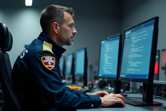 Pompier SDIS assis devant un écran d'ordinateur affichant une erreur de connexion au logiciel Artemis dans un centre opérationnel