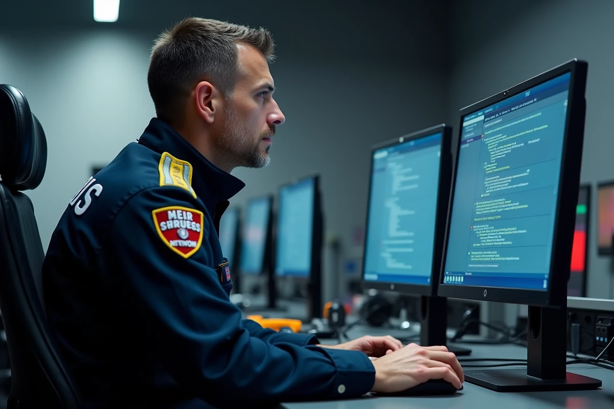 Pompier SDIS assis devant un écran d'ordinateur affichant une erreur de connexion au logiciel Artemis dans un centre opérationnel