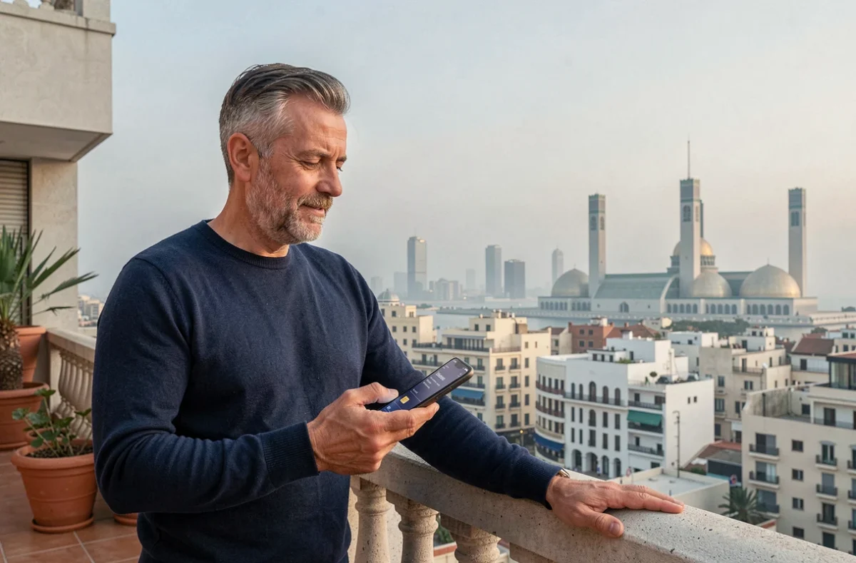 Professionnel nomade vérifiant sa connexion eSIM Maroc Telecom sur une terrasse avec vue sur Casablanca