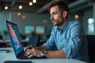 Homme professionnel IT en bureau moderne avec firewall numérique