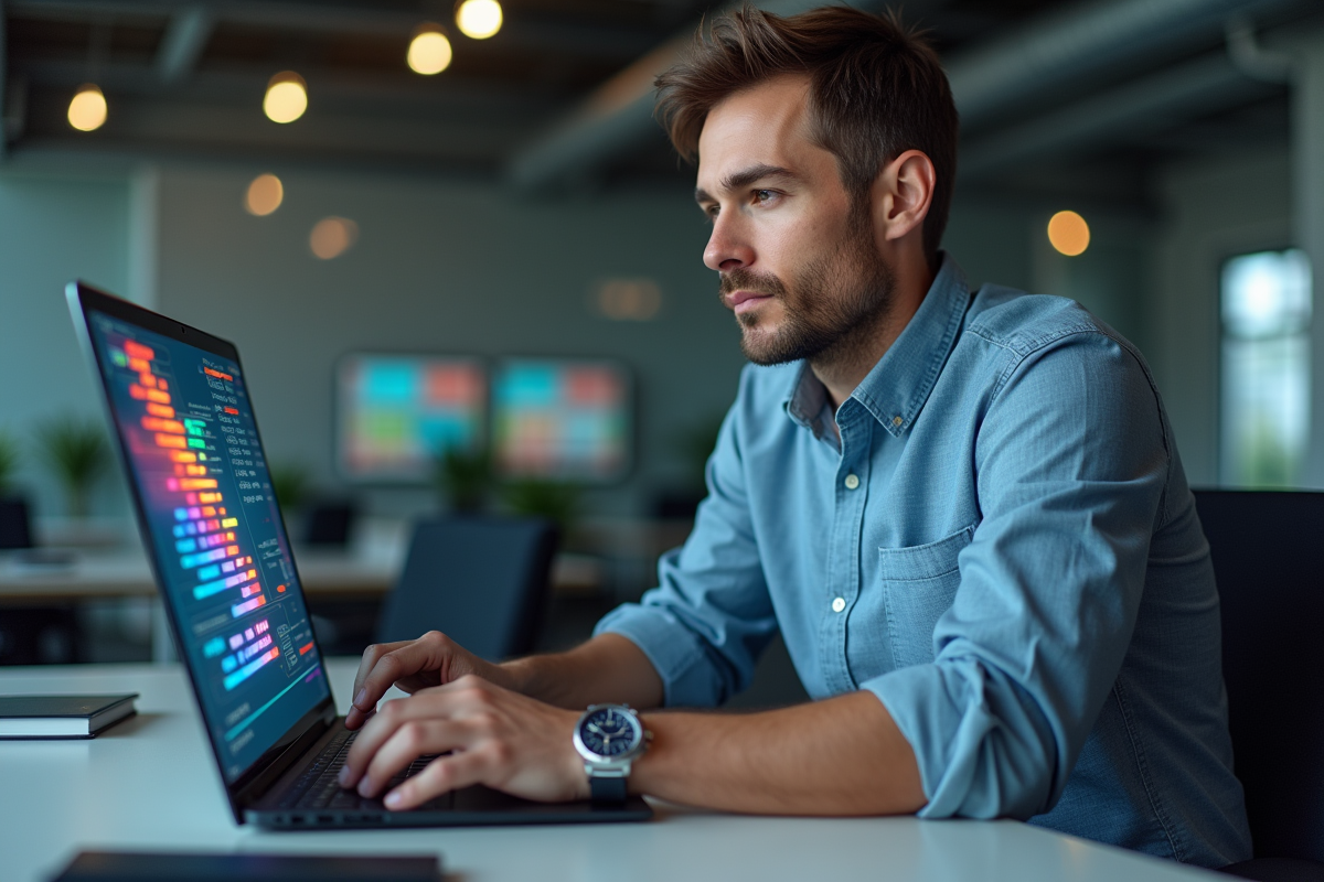 Homme professionnel IT en bureau moderne avec firewall numérique