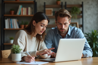 Deux jeunes professionnels concentrés sur un ordinateur dans un bureau moderne