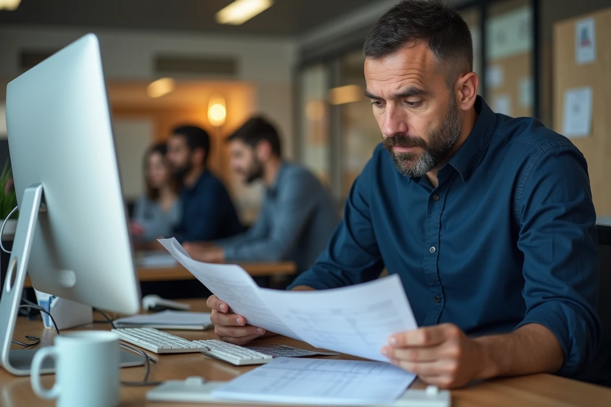 Employé comparant des formulaires de réception et d'envoi de courriers dans un bureau professionnel
