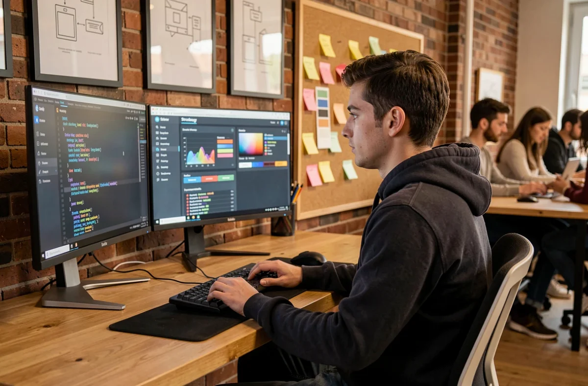 Développeur web de l'agence Raccoon travaillant sur un site internet et une stratégie digitale en studio