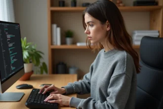 Femme utilisant un clavier AZERTY pour créer des raccourcis de caractères spéciaux sur son ordinateur
