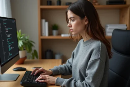 Femme utilisant un clavier AZERTY pour créer des raccourcis de caractères spéciaux sur son ordinateur