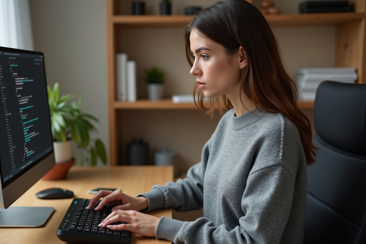Femme utilisant un clavier AZERTY pour créer des raccourcis de caractères spéciaux sur son ordinateur