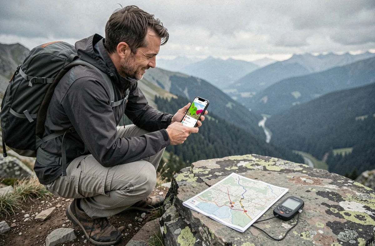 Randonneur visualisant un fichier KML exporté depuis GPX sur smartphone en montagne