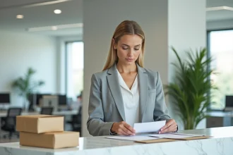 Réceptionniste triant des courriers entrants au bureau d'accueil d'une entreprise moderne
