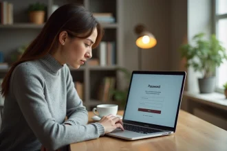 Femme concentrée tentant de récupérer son mot de passe sur un webmail depuis un ordinateur portable à son bureau