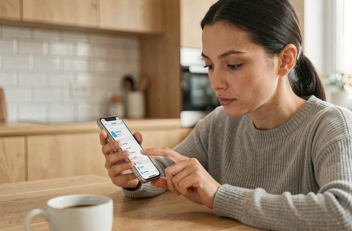 Femme récupérant des photos supprimées sur iPhone via la sauvegarde iCloud dans une cuisine moderne