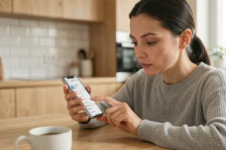 Femme récupérant des photos supprimées sur iPhone via la sauvegarde iCloud dans une cuisine moderne