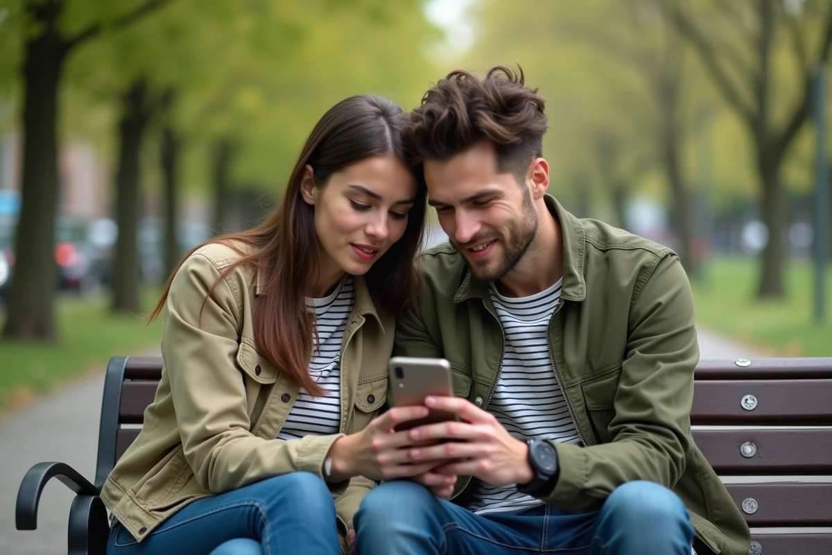Deux amis regardant anonymement une story Snapchat ensemble sur un banc de parc