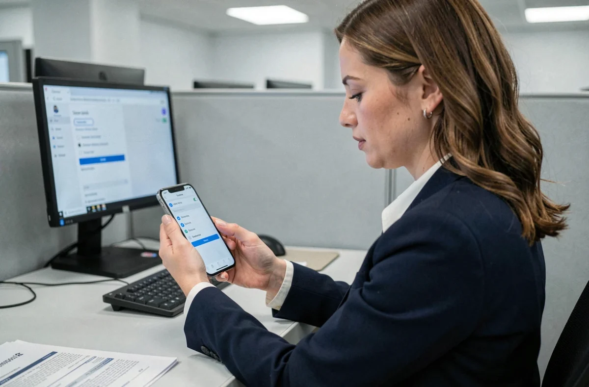 Femme professionnelle configurant les réglages de messagerie intranet de la ville d'Amiens sur un iPhone dans un bureau municipal