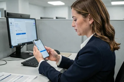 Femme professionnelle configurant les réglages de messagerie intranet de la ville d'Amiens sur un iPhone dans un bureau municipal