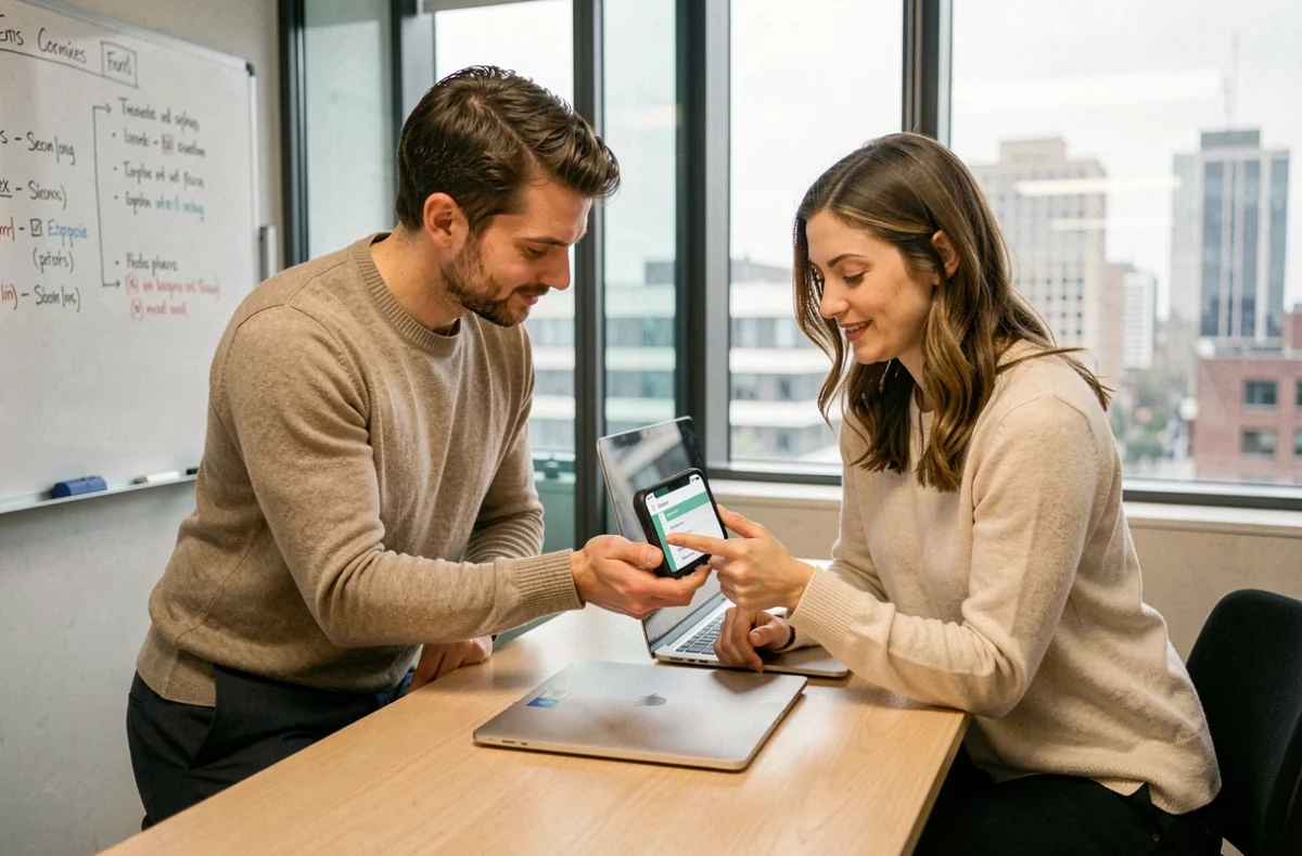 Deux collègues consultant les réglages recommandés pour la messagerie intranet d'Amiens sur iPhone en salle de réunion