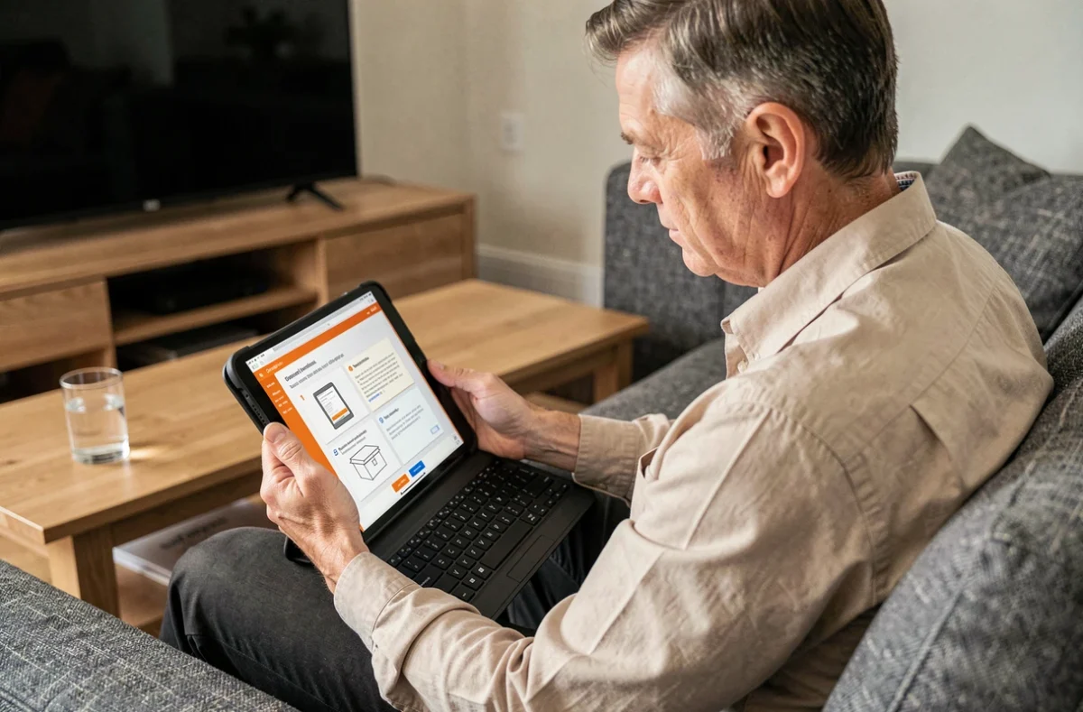 Homme suivant un tutoriel de réinstallation du portail Orange sur une tablette dans son salon