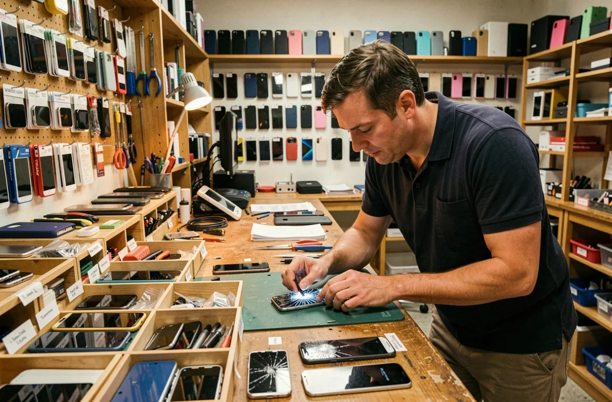 Vue d'ensemble d'un atelier de réparation de smartphones en Bretagne avec un technicien au travail sur un téléphone