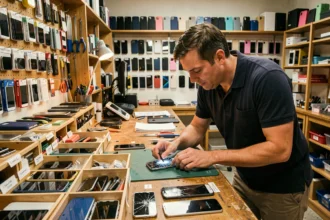 Vue d'ensemble d'un atelier de réparation de smartphones en Bretagne avec un technicien au travail sur un téléphone