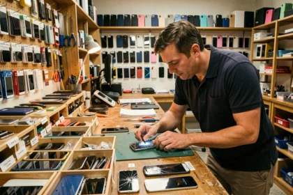 Vue d'ensemble d'un atelier de réparation de smartphones en Bretagne avec un technicien au travail sur un téléphone