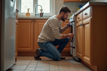 Homme inspectant une fuite d'eau sous l'évier de cuisine