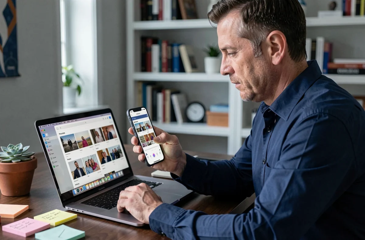Homme comparant des photos restaurées depuis iCloud sur iPhone et MacBook dans un bureau à domicile