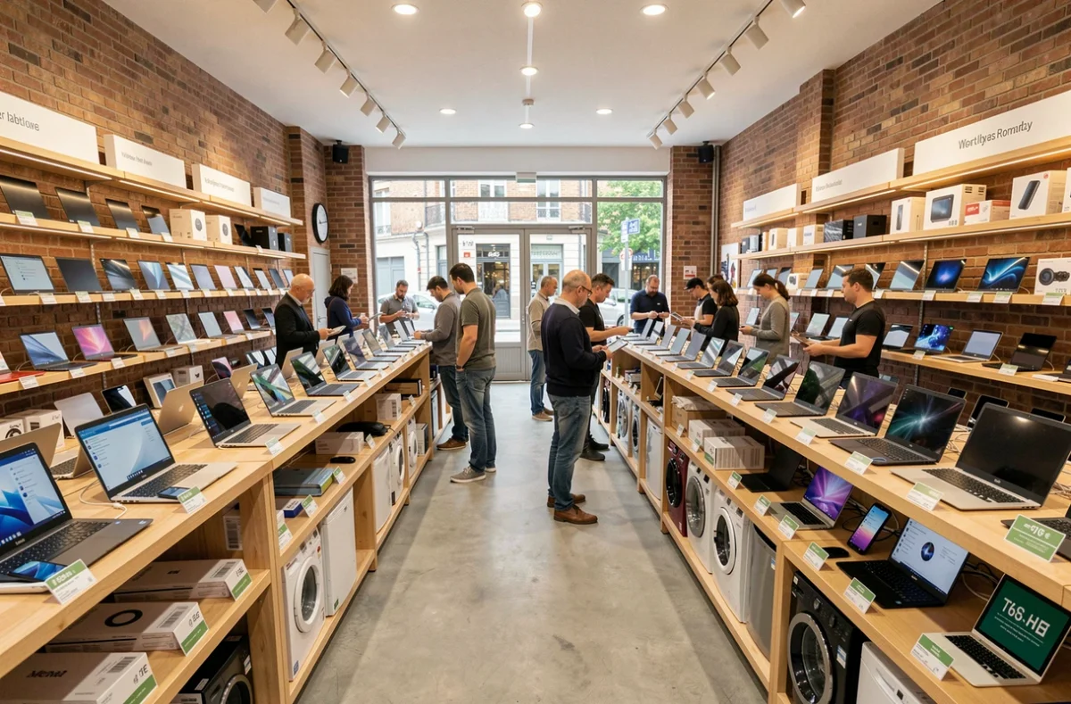 Vue panoramique d'un magasin de matériel reconditionné en Normandie avec téléphones, ordinateurs et électroménager sur des étagères