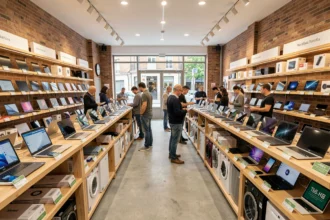 Vue panoramique d'un magasin de matériel reconditionné en Normandie avec téléphones, ordinateurs et électroménager sur des étagères