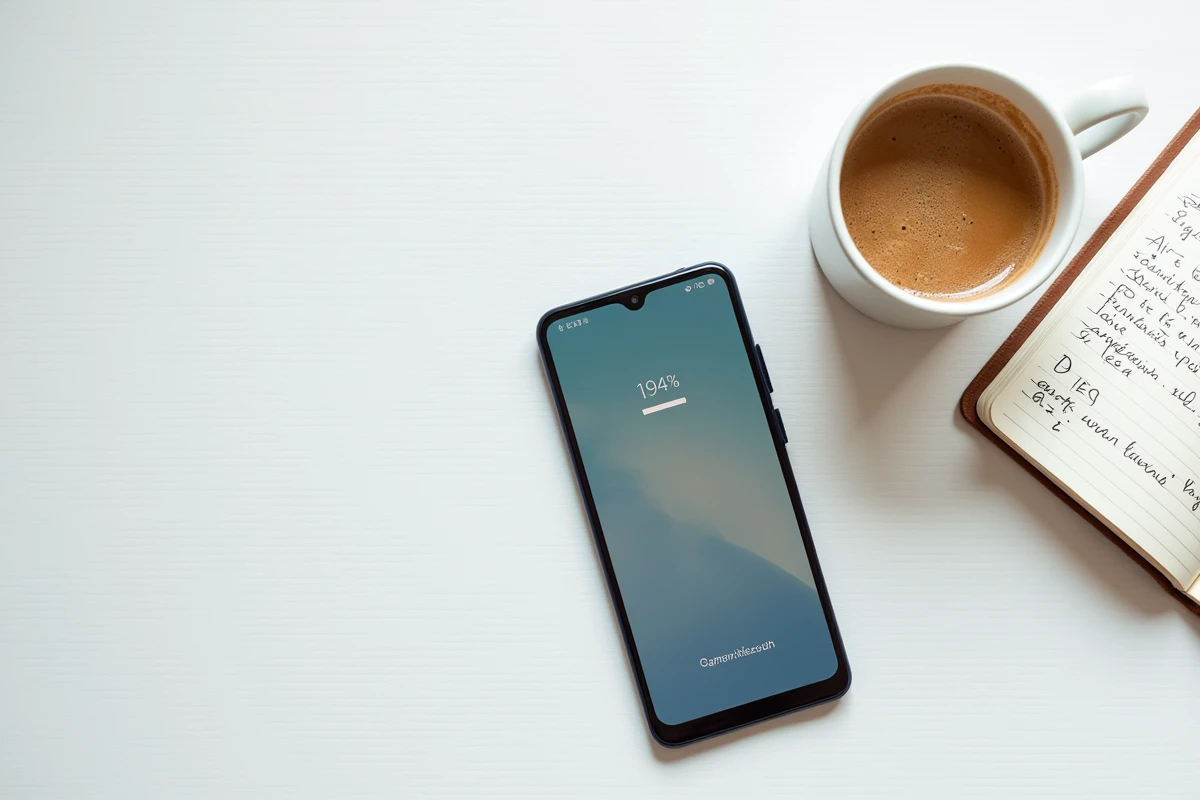 Samsung Galaxy A05s posé sur un bureau blanc avec un carnet et un café, vue de dessus en flat lay