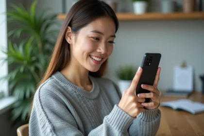 Jeune femme tenant un smartphone Samsung Galaxy A05s devant un bureau à domicile, examinant l'écran avec attention
