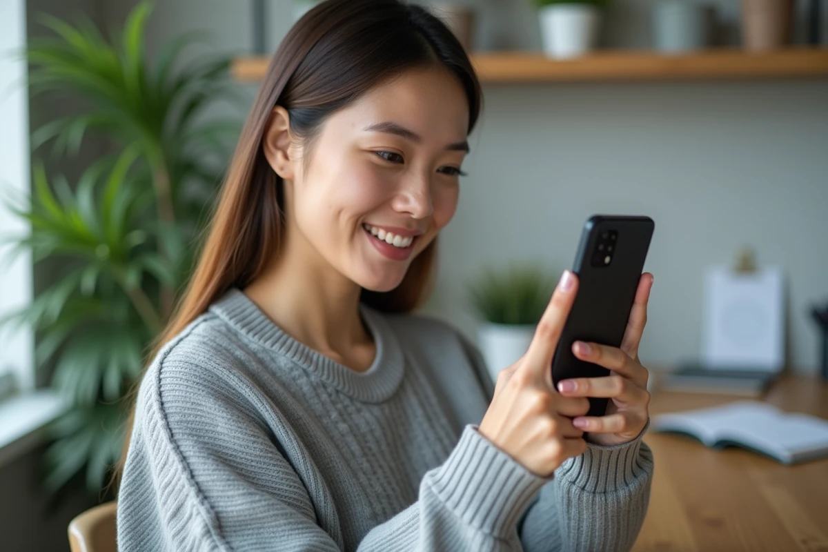Jeune femme tenant un smartphone Samsung Galaxy A05s devant un bureau à domicile, examinant l'écran avec attention