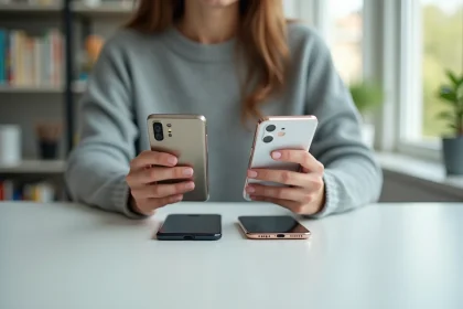 Femme tenant un Samsung Galaxy A51 comparé à un autre smartphone Galaxy A series côte à côte sur un bureau blanc
