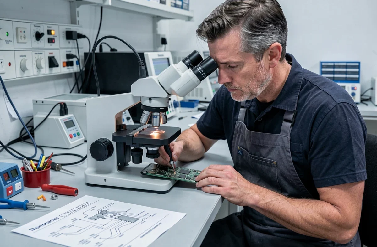 Spécialiste de Save Rennes effectuant un diagnostic de carte mère de smartphone sous microscope dans un laboratoire technique