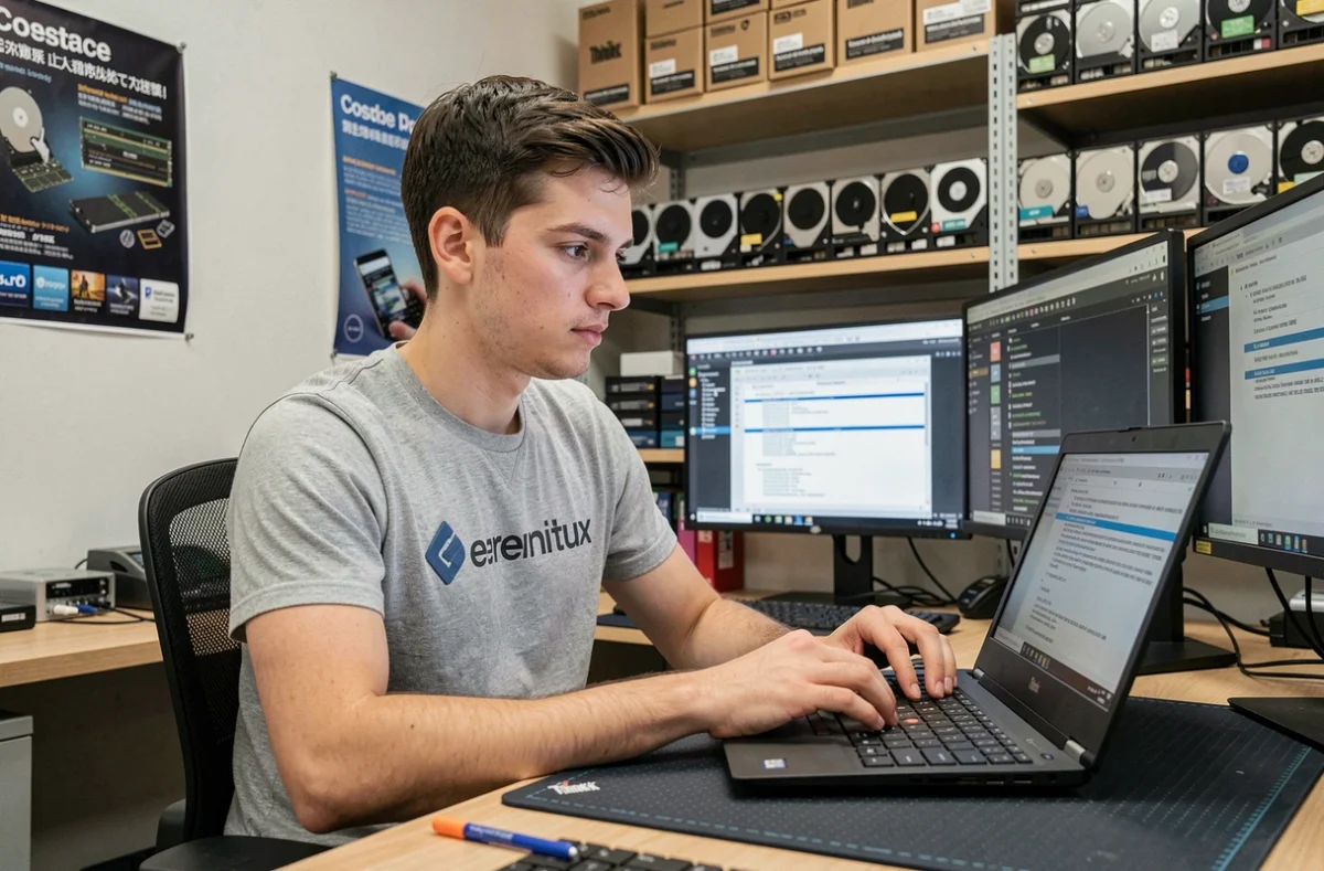 Technicien Serenitux diagnostiquant un ordinateur portable reconditionné sous Linux dans son atelier