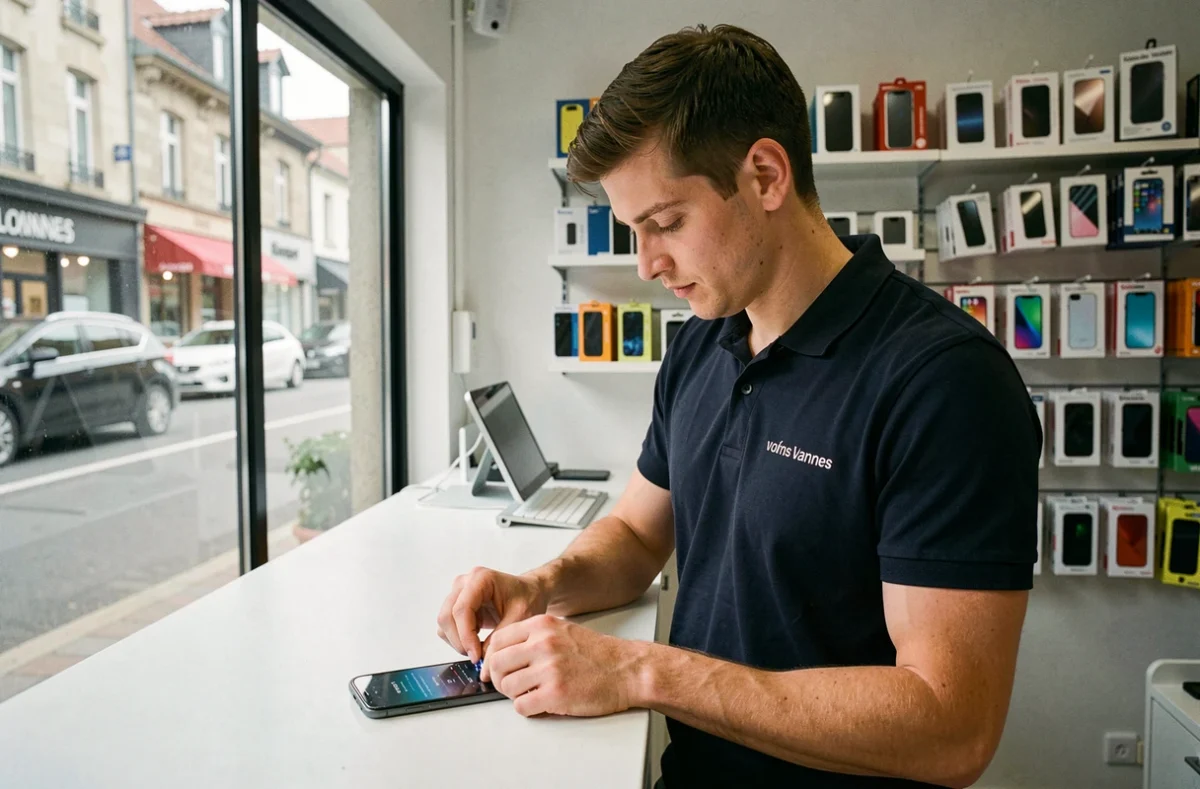 Technicien de SLM Mobiles à Vannes réparant l'écran d'un smartphone sur un comptoir blanc