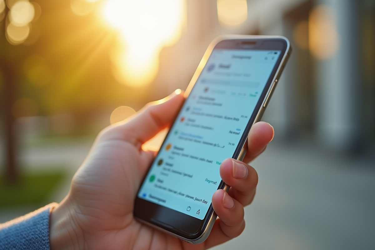 Smartphone affichant une boîte mail organisée en plein air ensoleillé
