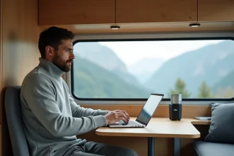 Homme connectant un terminal Starlink portable à un laptop dans un van aménagé avec vue sur montagne