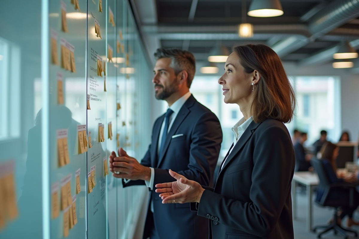 Deux collègues discutant devant un mur de notes et diagrammes SEO