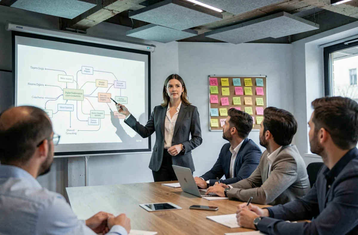 Consultante de SYS Project présentant une feuille de route de transformation numérique à une équipe